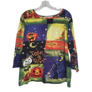 Vtg Collections Etc Black Cat Pumpkins Sequins Halloween 3/4 Sleeve Shirt XL